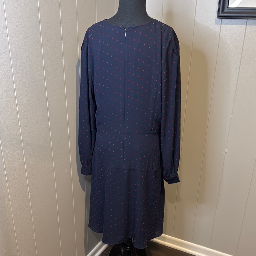 B7 Ann Taylor Women’s 14 Dark Blue Midi Dress with Red Polka Dots - Picture 4 of 5